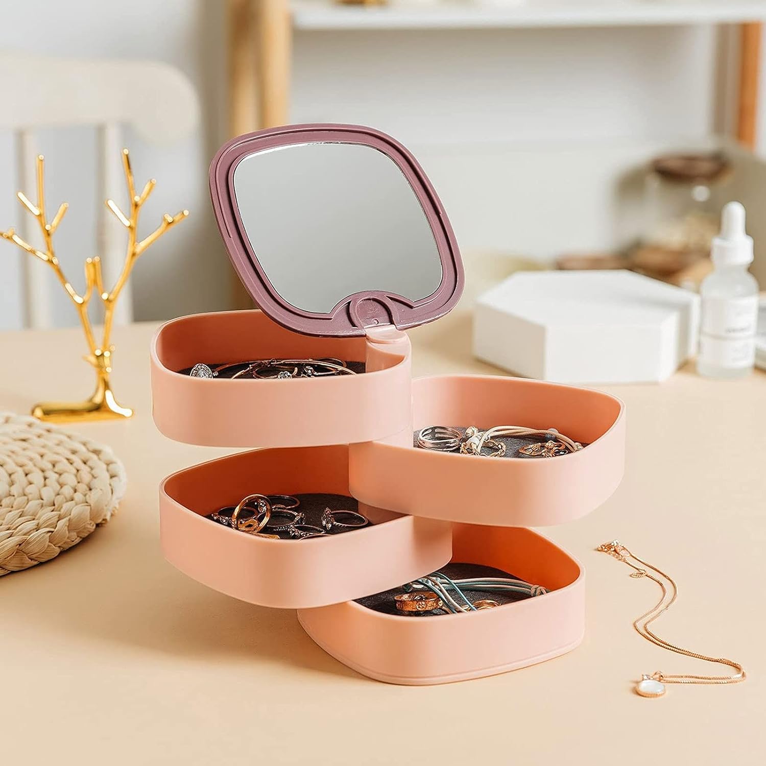 4-сlojни окретни организатор за накит са огледалом