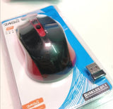 Bežični miš sa crvenim detaljima i ergonomskim dizajnom.