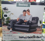 Naduvavajući ležaj i sofa prikazani kao različite mogućnosti korišćenja.