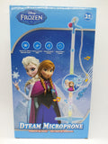 Dečiji mikrofon sa Frozen motivom prikazan je na stalku.