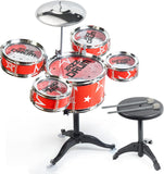 Dečiji Jazz Drum set 5u1 sa stolicom u crvenoj boji i kariranom dezenu.