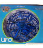 UFO dron sa plavim svetlima i zaštitnim okvirom oko propelera.