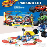 Trkački set sa parking-garažom, stazom i autićima Krš i Blejz.